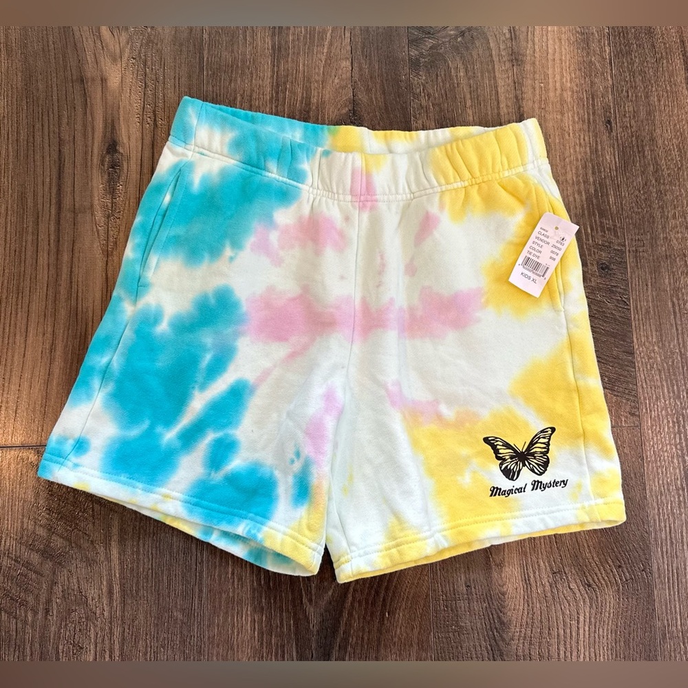 NWT Girl's Pacsun Tie Dye Fleece Sweat Shorts, butterfly, pockets, Size: XL 12